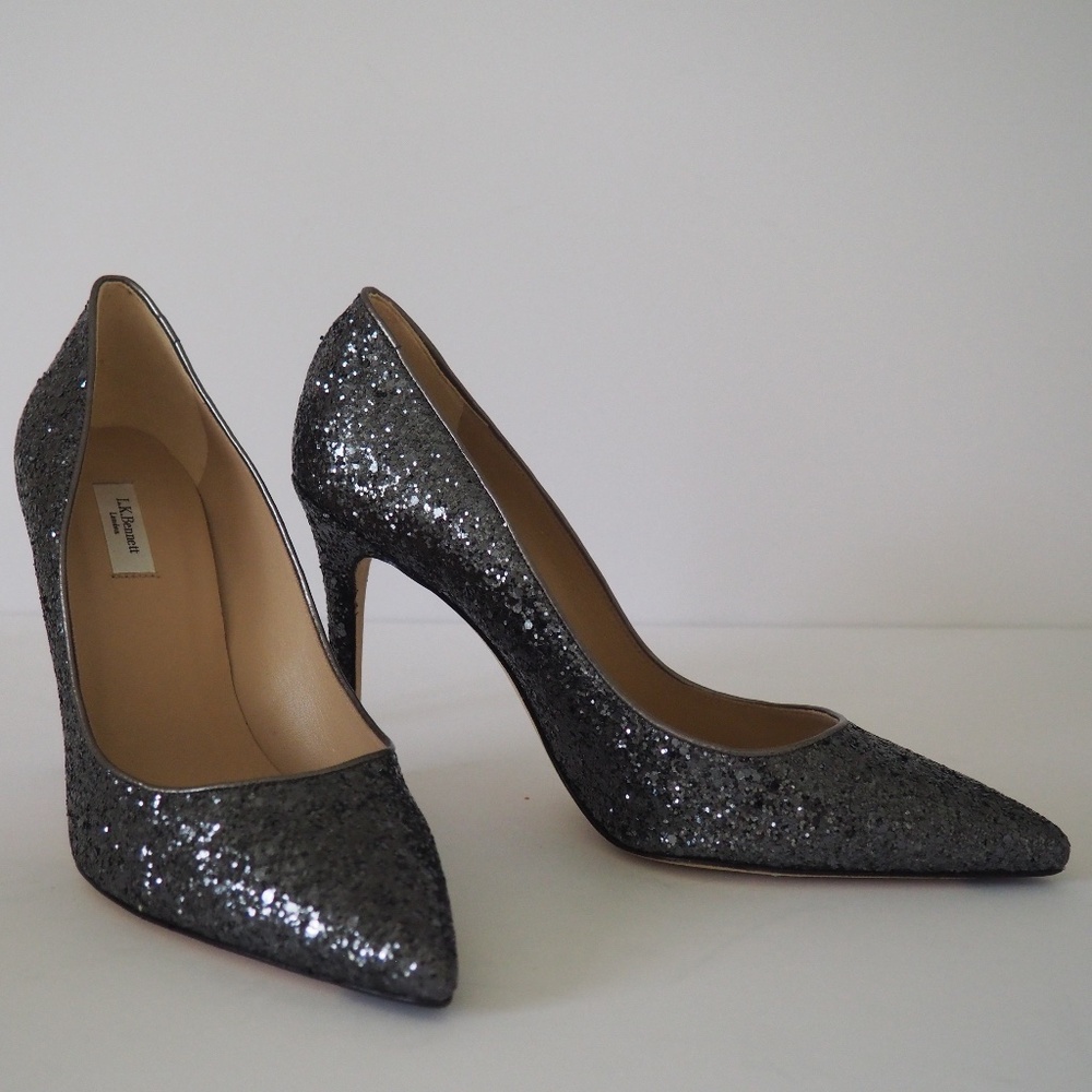 LK Bennet Fern Pointed Toe Court Shoes in Antracite Silver Grey/Gunmetal Glitter